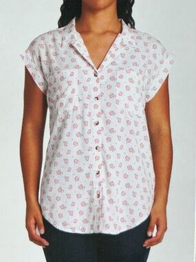 Jachs White Button-Front Top with Pink Floral Print